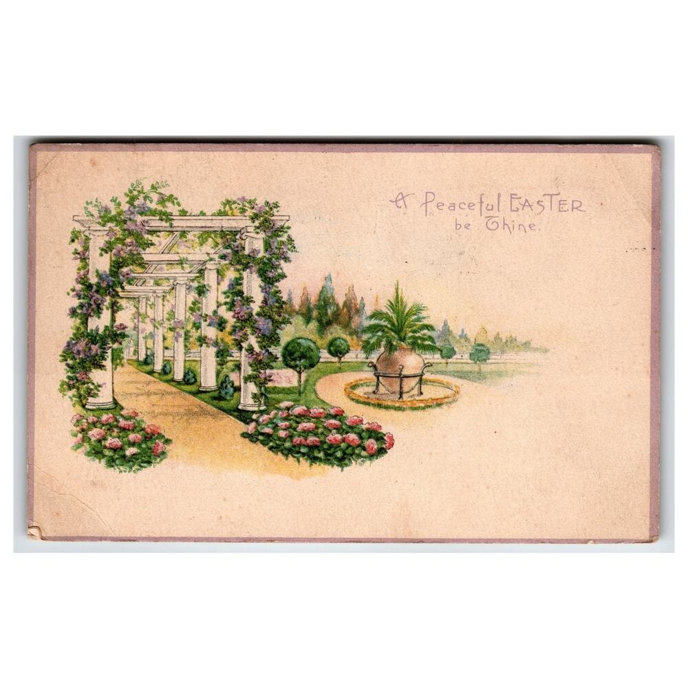 1917 Easter Greetings Postcard St Louis MO Pergola Garden Scene Vintage
